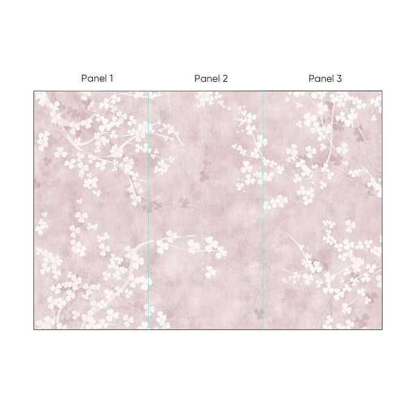 Pink Sakura wall mural displaying delicate cherry blossom branches in pale white over a dusty blush pink background. The watercolor technique and subtle plaster-like texture create a soothing atmosphere, ideal for a bedroom or nursery in Japandi style. This eco-friendly, removable wallpaper adds a romantic touch to any space.