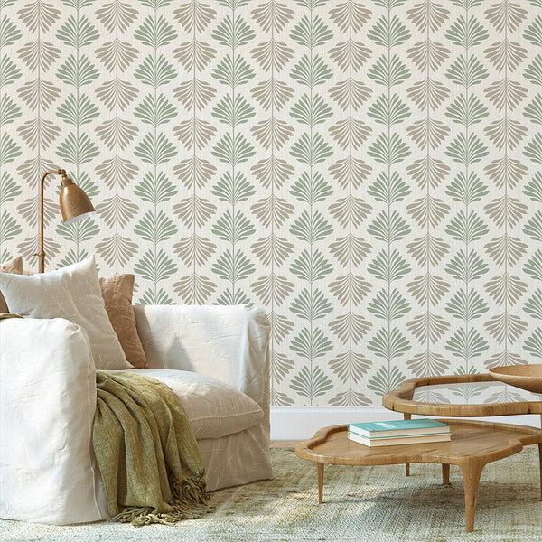 Sage Green Beige Palm Leaf Wallpaper L013