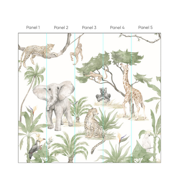 Safari wall mural featuring watercolor wildlife including elephants, giraffes, and leopards on a pale off-white background. The muted neutrals, warm taupe, and soft sage green create a modern boho style. Ideal for nursery or kids' room, this high-quality removable peel and stick wallpaper adds an eco-friendly, easy-to-apply touch to your home decor.