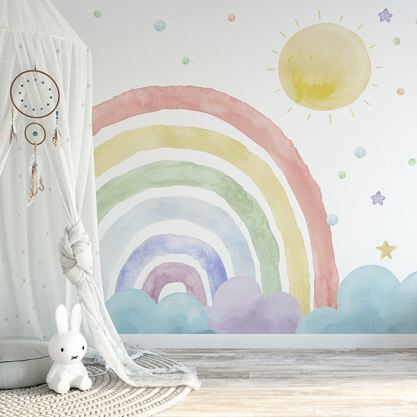 Colorful Rainbow & Sun Wall Mural WM060 - CostaCover - Peel and stick Removable Wallpaper - abstract wallpaper - adhesive wallpaper - Aqua blue wallpaper