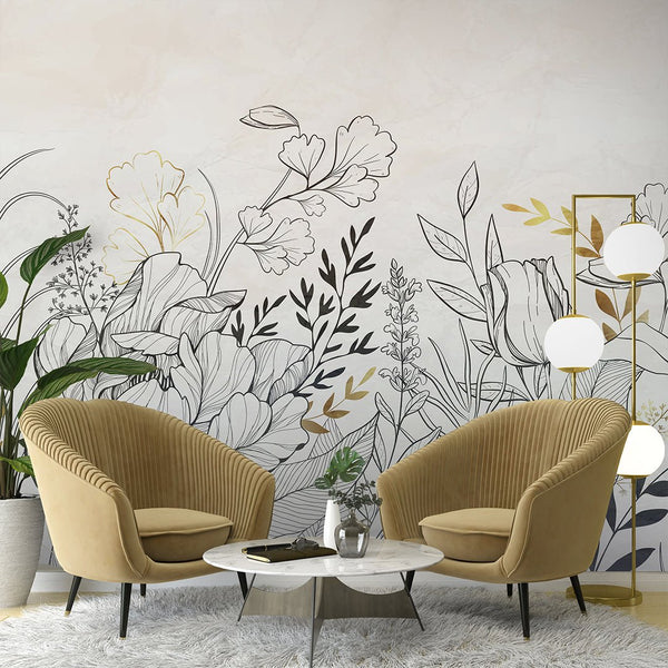 Black & Gold Flower Wall Mural CCM157 - CostaCover - Peel and stick Removable Wallpaper - Abstract - abstract floral - abstract lines