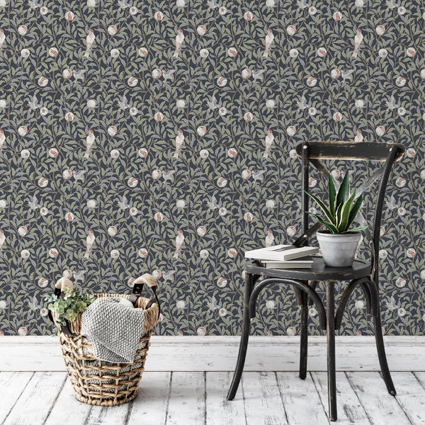 Blue Bird & Pomegranate by Morris Wallpaper W086 - CostaCover - Peel and stick Removable Wallpaper - abstract floral - abstract wall art - abstract wallpaper