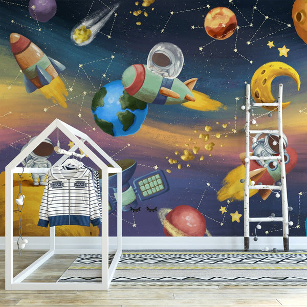 Colorful Bright Space Wall Mural WM074 - CostaCover - Peel and stick Removable Wallpaper - accent wallpaper - adhesive wallpaper - Aqua blue wallpaper