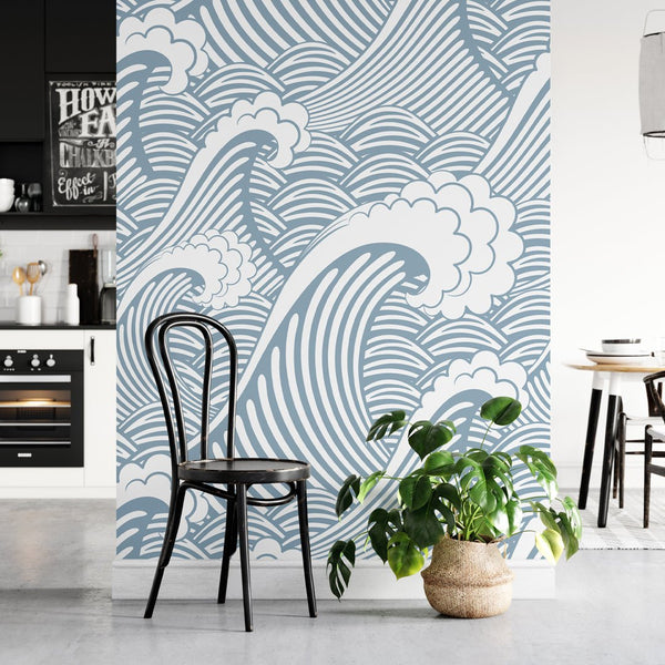 Blue Japanese Waves Wall Mural WM015 - CostaCover - Peel and stick Removable Wallpaper - adhesive wallpaper - aqua blue - Aqua blue wallpaper