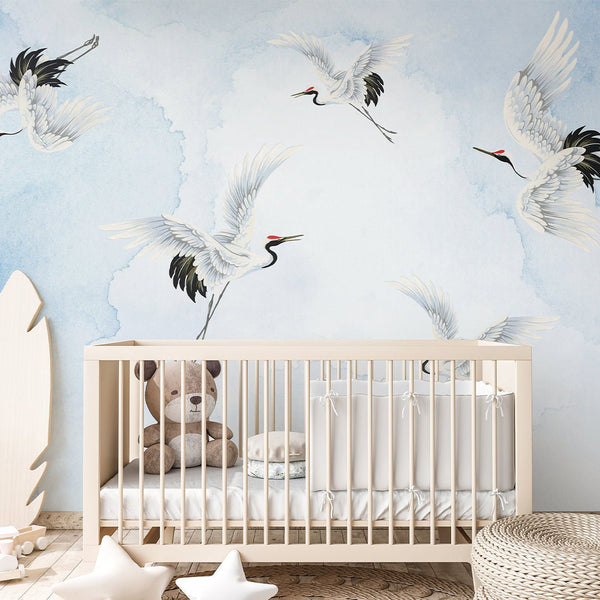 Chinoiserie Crane Blue Grasscloth Wall Mural CG004 - CostaCover - Traditional Wallpaper - abstract wallpaper - accent wallpaper - bathroom wallpaper