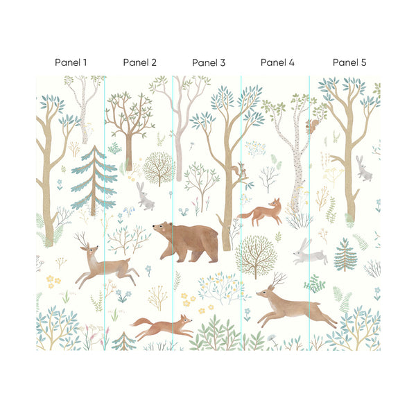 Forest Animals wall mural featuring a storybook woodland scene with birch trees, ferns, and animals in muted greens and warm browns. Ideal for nurseries or playrooms, this large-scale, painterly design adds a cozy, nature-inspired backdrop. Made from eco-friendly materials, it offers a high-quality, removable wall decor option for decorators.