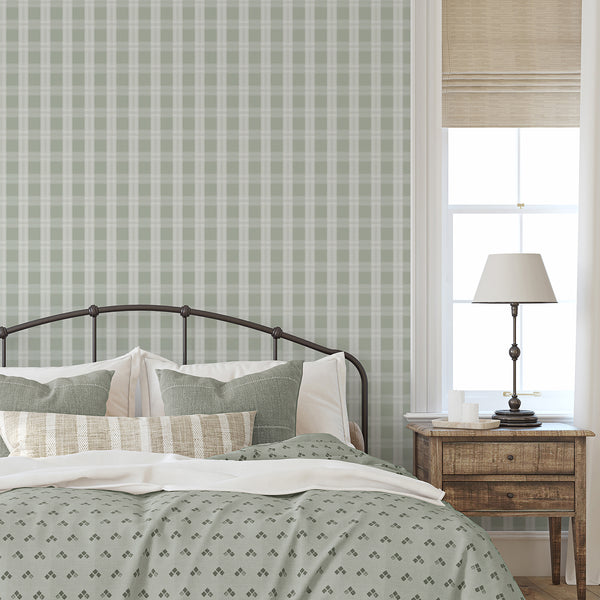Plaid wall mural in sage green and cream with elegant intersecting stripes, bringing a fresh farmhouse look to bedrooms, dining rooms, and entryways.