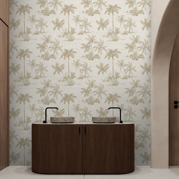 Beige Tropical Palm Toile Wallpaper A125