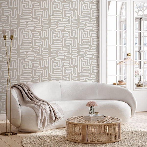 Beige White Boho Line Wallpaper W013 - CostaCover - Peel and stick Removable Wallpaper - Abstract - abstract lines - abstract wall art