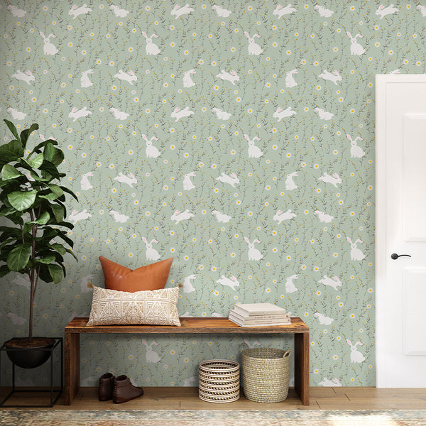 Sage Green Floral Bunny Wallpaper W176