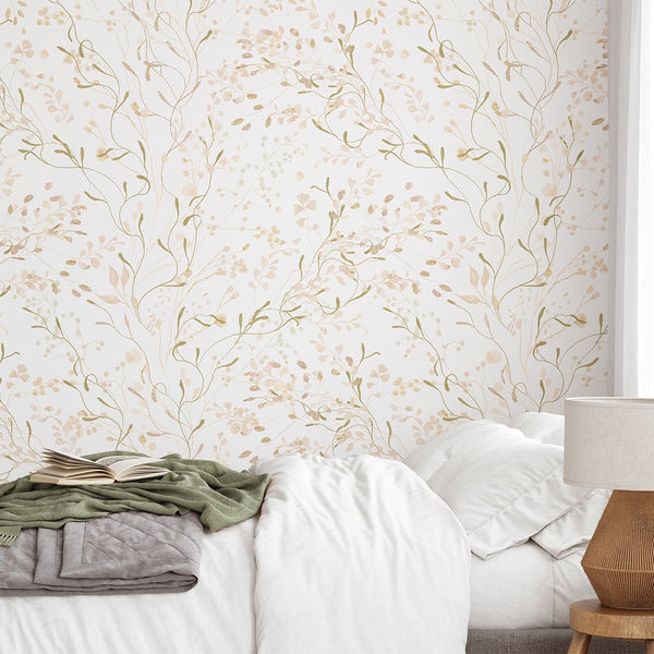 Peach & Beige Floral Wallpaper W028 - CostaCover - Peel and stick Removable Wallpaper - accent wallpaper - adhesive wallpaper - baby bedroom