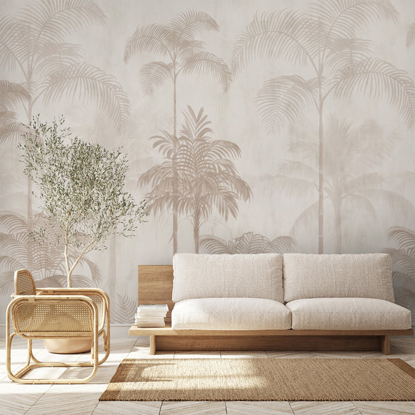 Neutral tropical wall mural with graceful palm trees and layered foliage in warm beige and cream tones for a minimalist bedroom or living room.
