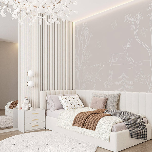 Beige White Forest Animals Wall Mural SM019 - CostaCover - Peel and stick Removable Wallpaper - accent wallpaper - adhesive wallpaper - animal print