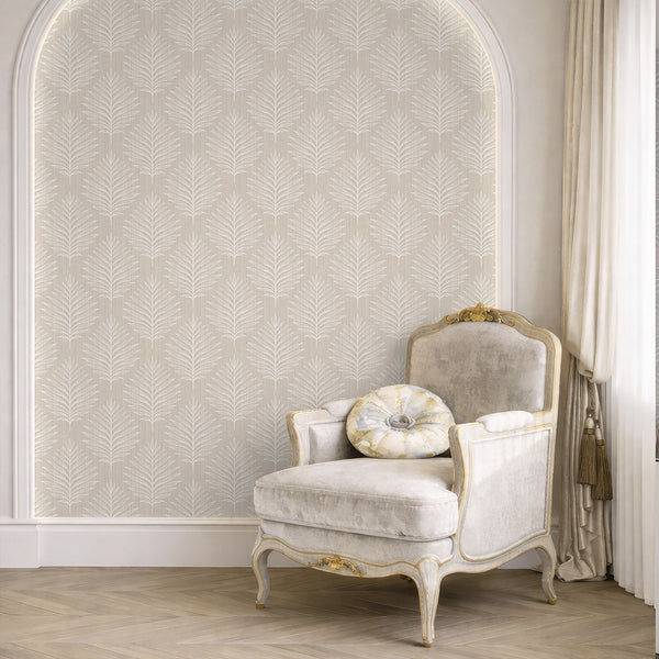 Neutral beige wallpaper with vertical palm-leaf pattern, suitable for modern coastal decor in bedrooms. Made in the USA.