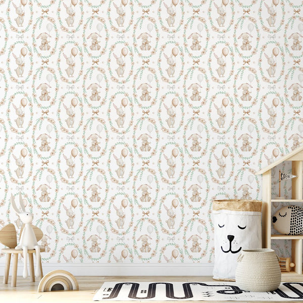 Bunny Flower Wreath Wallpaper S109 - CostaCover - Peel and stick Removable Wallpaper - accent wallpaper - adhesive wallpaper - animal print