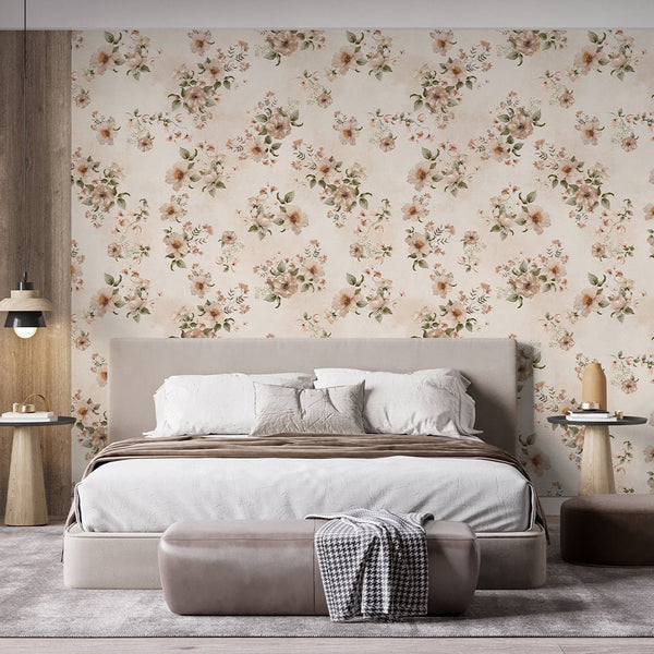 Beige Country Style Flowers Wallpaper S077 - CostaCover - Peel and stick Removable Wallpaper - abstract floral - abstract wallpaper - accent wallpaper