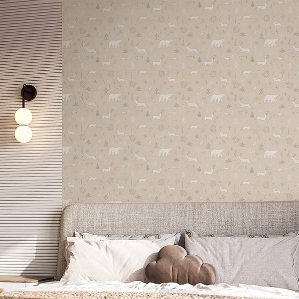 Beige White Forest Animals Wallpaper S037 - CostaCover - Peel and stick Removable Wallpaper - abstract lines - accent wallpaper - adhesive wallpaper