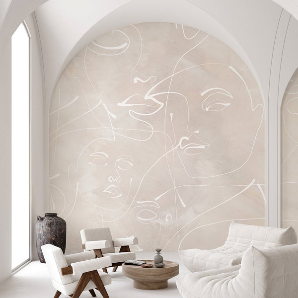 Beige Line Art Face Wall Mural CCM144 - CostaCover - Peel and stick Removable Wallpaper - Abstract - abstract lines - abstract wall art