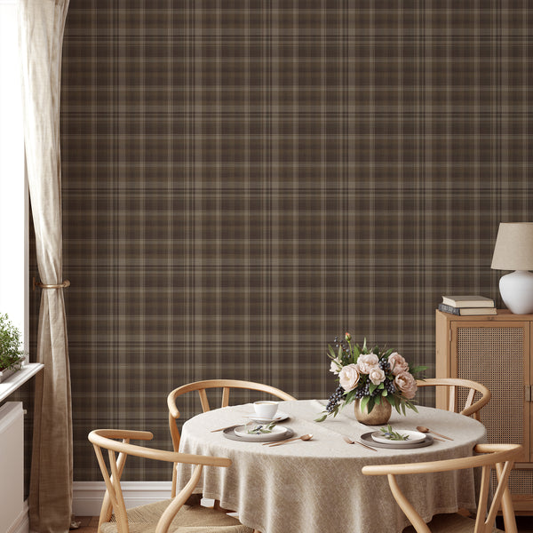 Vintage chocolate brown plaid wallpaper with a balanced tartan check pattern, bringing warm earthy character to cottagecore bedrooms and country home interiors.
