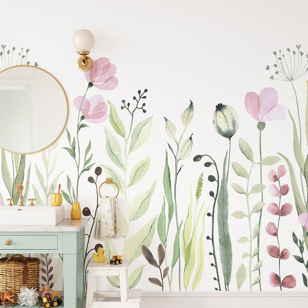 Pink & Green Wildflowers Wall Mural CCM132 - CostaCover - Peel and stick Removable Wallpaper - accent wallpaper - adhesive wallpaper - bathroom wallpaper
