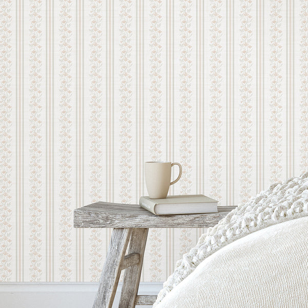 Beige Green Floral Stripe Wallpaper L126
