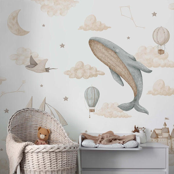 Whale Balloon Sky Cloud Wall Mural SM007 - CostaCover - Peel and stick Removable Wallpaper - accent wallpaper - adhesive wallpaper - air balloon