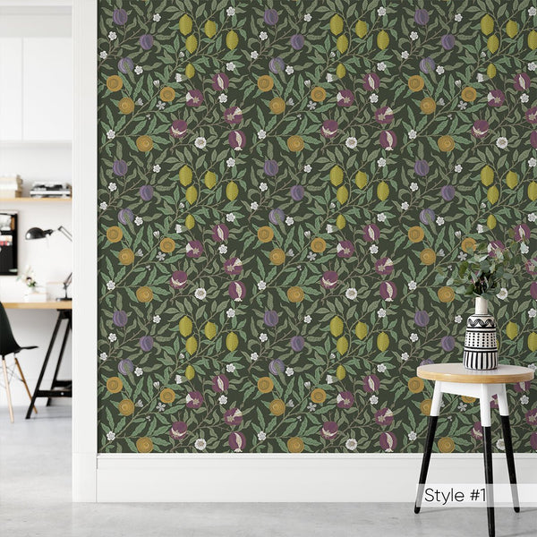Green & White Fruit or Pomegranate by Morris Wallpaper W115 - CostaCover - Peel and stick Removable Wallpaper - abstract floral - abstract wall art - abstract wallpaper