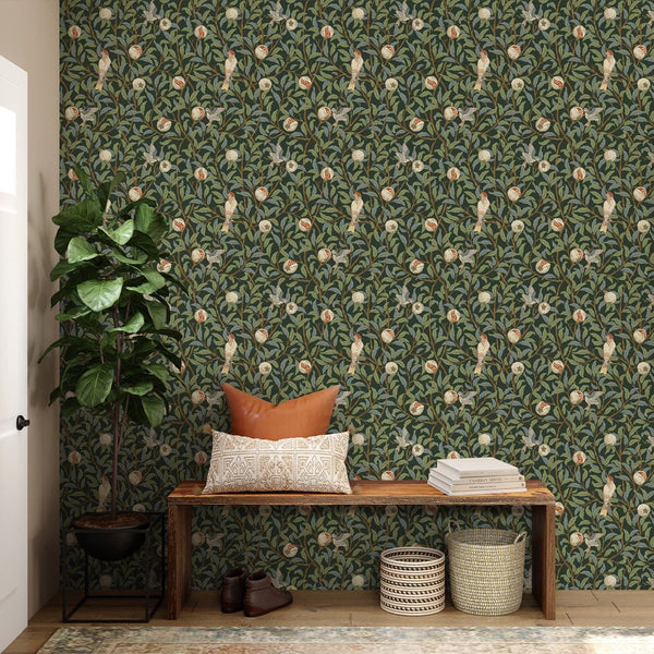 Green Bird & Pomegranate by Morris Wallpaper W087 - CostaCover - Peel and stick Removable Wallpaper - abstract wall art - abstract wallpaper - accent wallpaper