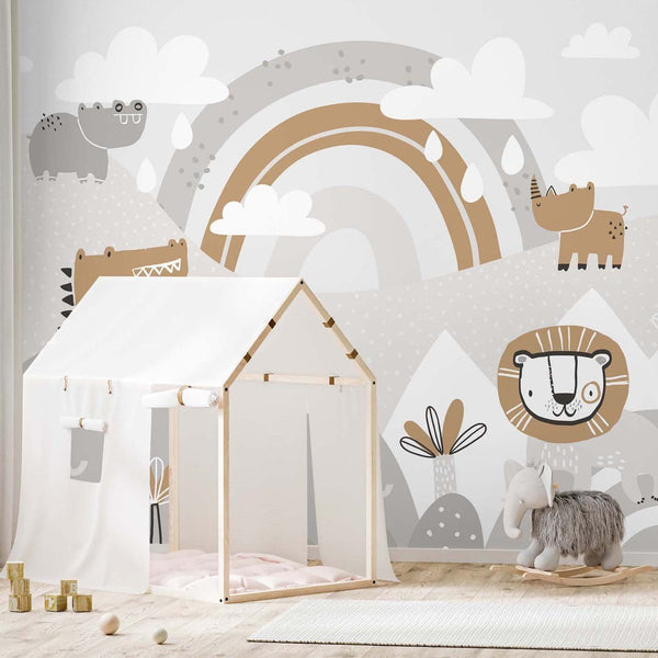 Gray Beige African Animals Wall Mural AM108 - CostaCover - Peel and stick Removable Wallpaper - accent wallpaper - adhesive wallpaper - africa