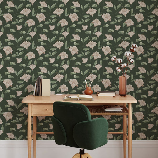 Green Beige Bellflower Wallpaper W153 - CostaCover - Peel and stick Removable Wallpaper - Abstract Beige Gold Stripes Waves Removable Wallpaper near me - abstract floral - abstract wall art