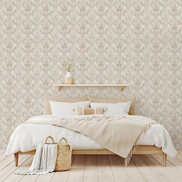 Brown and beige damask wallpaper with scrolling leaves, providing a subtle vintage appeal. A perfect choice for a cozy bedroom or elegant dining room setting.
