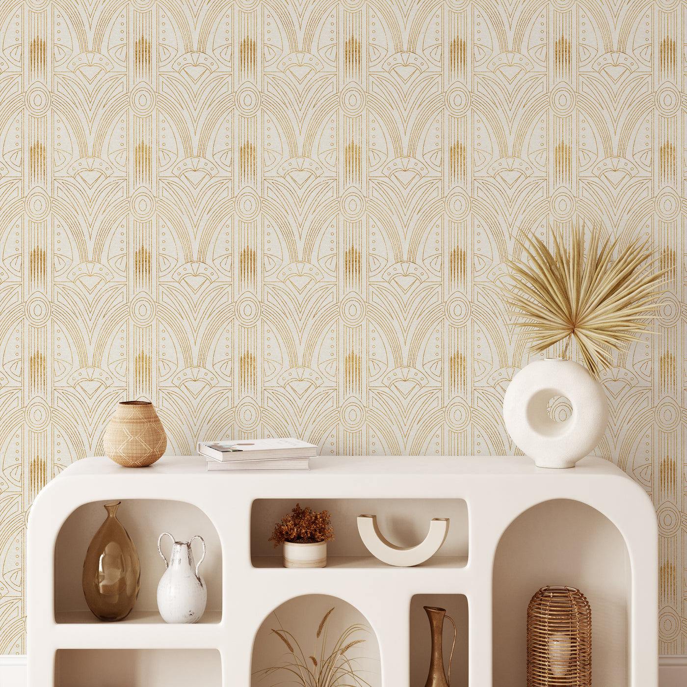 White Gold Effect Art Deco Wallpaper CC321