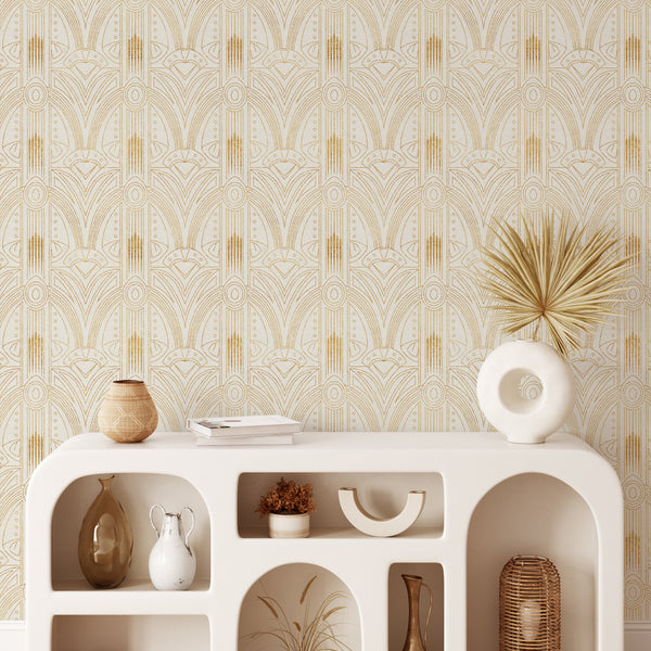 White Gold Effect Art Deco Wallpaper CC321 - CostaCover - Peel and stick Removable Wallpaper - abstract lines - abstract wallpaper - accent wallpaper