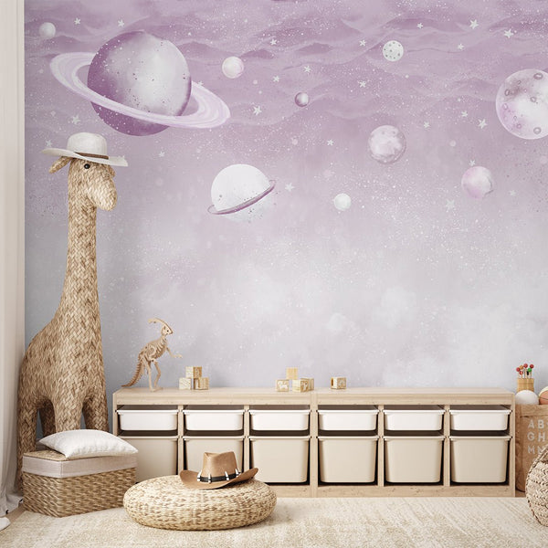 Lilac Planets in Space Wall Mural SM088 - CostaCover - Peel and stick Removable Wallpaper - accent wallpaper - adhesive wallpaper - baby bedroom