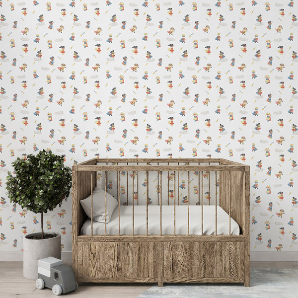 Superhero nursery wallpaper with repeating watercolor heroes in blue, red and yellow, plus soft clouds, lightning bolts and tiny shooting stars.