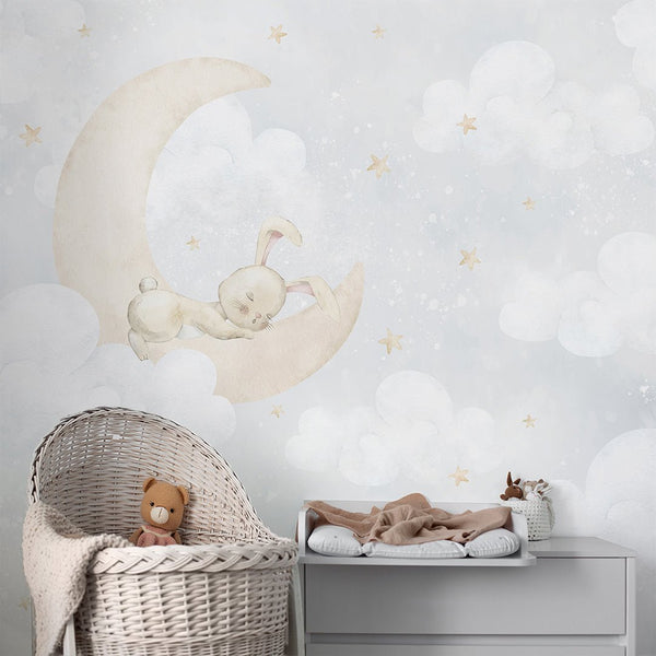 Bunny on Moon Wall Mural SM069 - CostaCover - Peel and stick Removable Wallpaper - accent wallpaper - adhesive wallpaper - animal print