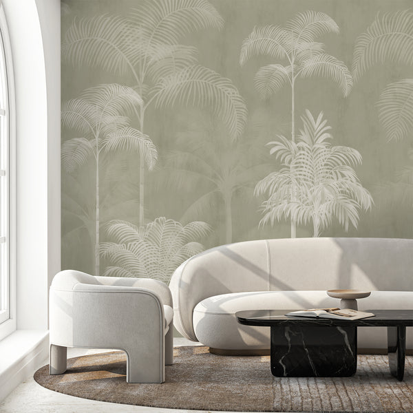 Neutral sage green palm tree wall mural featuring tall tropical trees and delicate cream foliage for a modern bedroom accent wall.