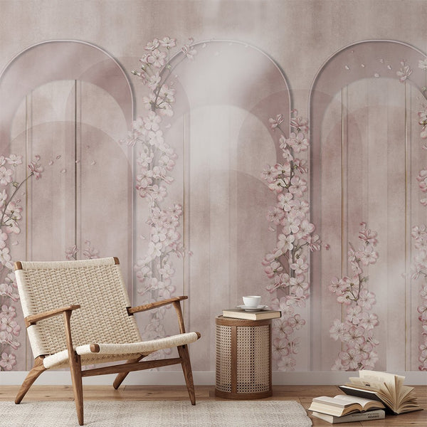 Pink Arches & Sakura Wall Mural CCM151 - CostaCover - Peel and stick Removable Wallpaper - accent wallpaper - adhesive wallpaper - arch