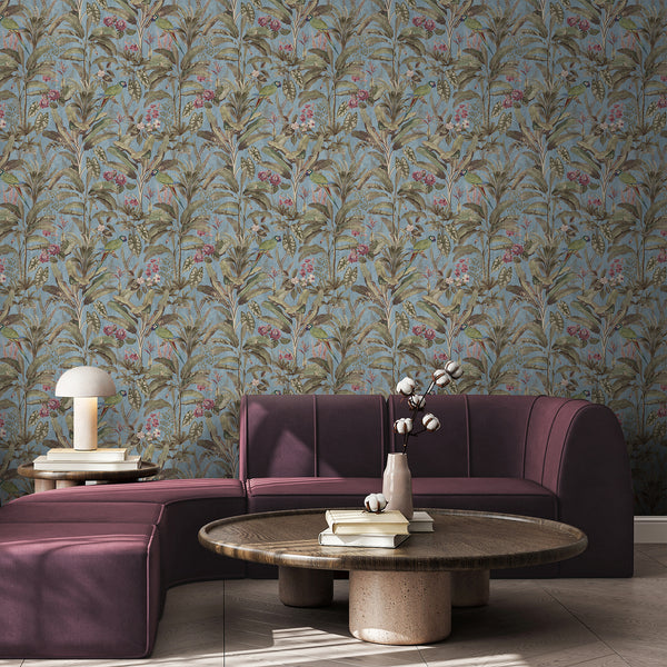 Vintage botanical wallpaper featuring parrots, banana leaves, tropical plants and pink flowers for a sophisticated bedroom or living room accent wall.