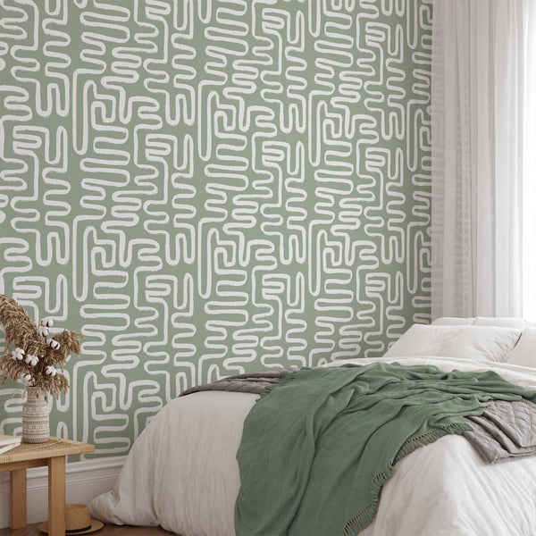 Green & White Boho Line Wallpaper W012 - CostaCover - Peel and stick Removable Wallpaper - Abstract - abstract lines - abstract wall art