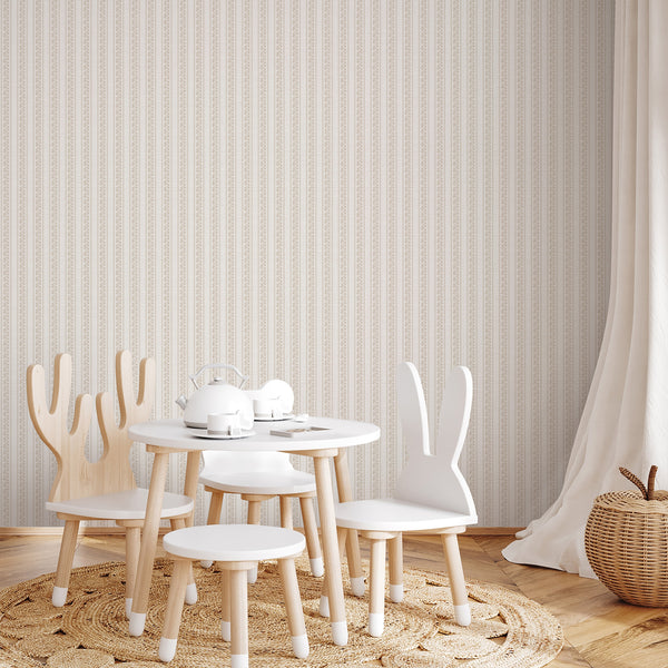 Elegant beige and white floral striped wallpaper designed for cottage, coastal, farmhouse, and French country interiors, creating a soft, bright, and welcoming space.