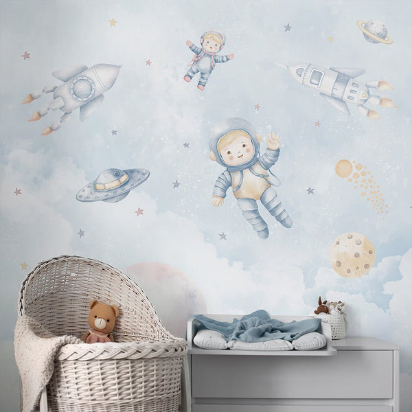 Light Blue Astronauts & Rockets Wall Mural SM097 - CostaCover - Peel and stick Removable Wallpaper - accent wallpaper - adhesive wallpaper - baby bedroom