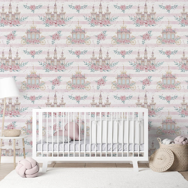 Pink Kingdom & Stripes Wallpaper A042 - CostaCover-Peel and stick Removable Wallpaper-accent wallpaper-adhesive wallpaper-baby bedroom