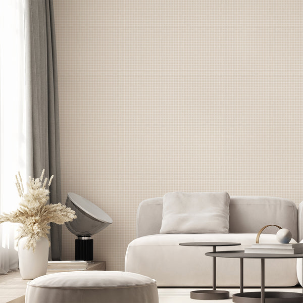 Neutral beige wallpaper featuring a white geometric lattice design with soft textured detail for a modern minimalist bedroom or living room wall.