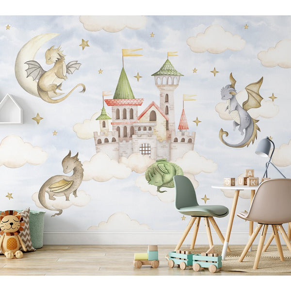 Blue Sky Dragons Castle Wall Mural SM035 - CostaCover - Peel and stick Removable Wallpaper - accent wallpaper - adhesive wallpaper - baby bedroom