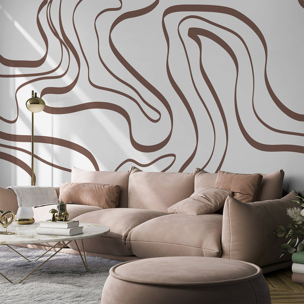 Modern abstract wall mural with warm brown continuous lines flowing across a clean white background, ideal for a contemporary living room accent wall.