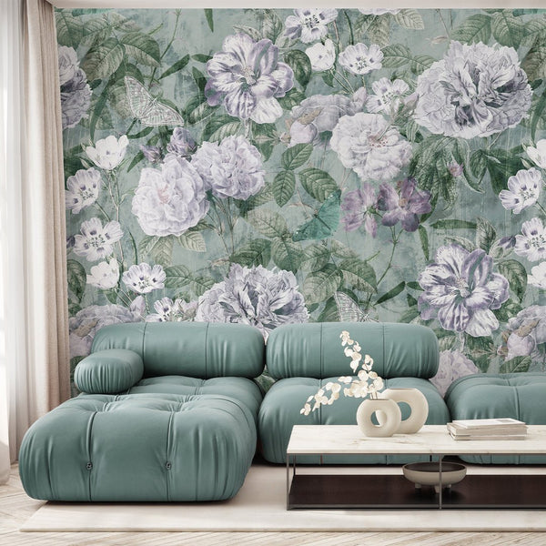 Light Mint Vintage Flowers Garden Wall Mural SM047 - CostaCover - Peel and stick Removable Wallpaper - accent wallpaper - adhesive wallpaper - bathroom wallpaper
