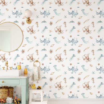 Blue Beige Undersea World Wallpaper CC353