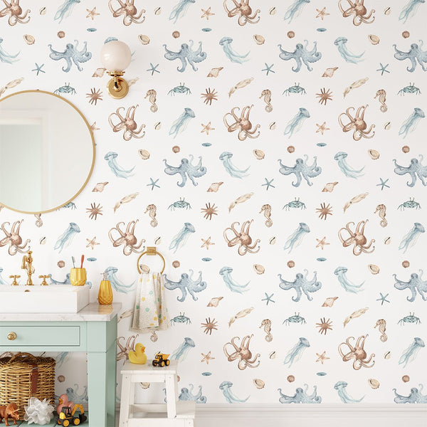 Blue Beige Undersea World Wallpaper CC353 - CostaCover - Peel and stick Removable Wallpaper - Abstract - abstract wallpaper - accent wallpaper