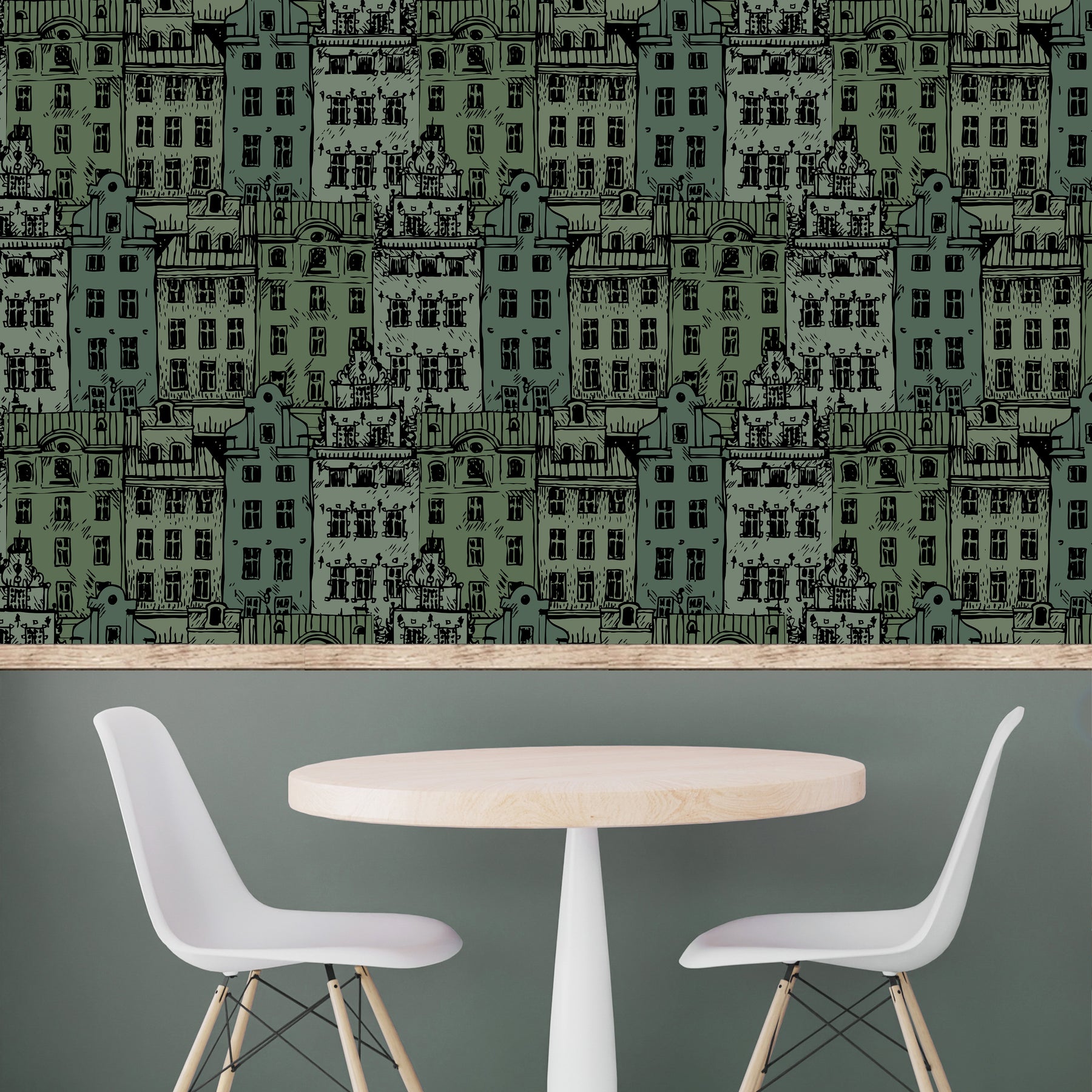 Green City Houses Wallpaper with urban architectural illustration